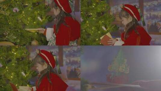 唯美欧美圣诞节氛围小孩打开圣诞树上的贺卡高清在线视频素材下载