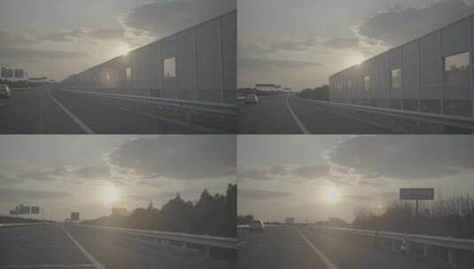 高速公路夕阳朝阳车流灰片可调色高清在线视频素材下载