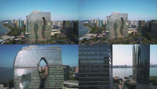 钱塘江边的地标建筑杭州印4K航拍杭州高清在线视频素材下载