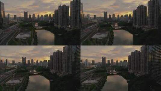杭州拱墅区武林门商圈大运河夕阳风光高清在线视频素材下载