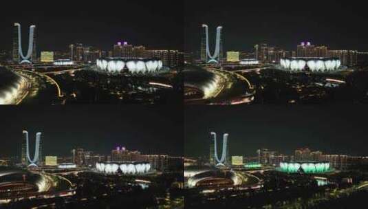 杭州奥体中心夜景航拍高清在线视频素材下载
