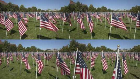 走过一排排在风中飘扬的美国国旗高清在线视频素材下载