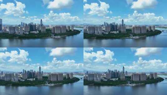 航拍广东惠州惠城区东江两岸江景建筑群街景高清在线视频素材下载