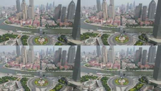 天津世纪钟城市地标建筑交通转盘航拍高清在线视频素材下载
