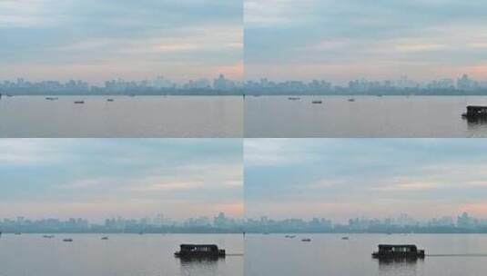 立冬早晨杭州西湖水面与游船水墨画风光高清在线视频素材下载