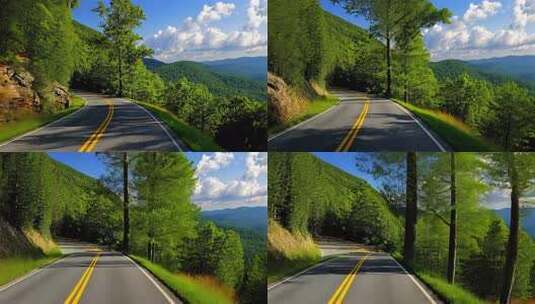 山区森林道路蓝天白云自然风景旅行第一视角高清在线视频素材下载