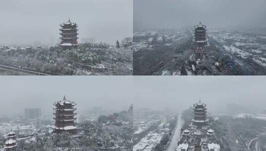 武汉黄鹤楼暴雪航拍高清在线视频素材下载