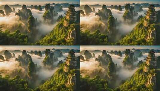 壮美云海中的奇特山峰景观高清在线视频素材下载