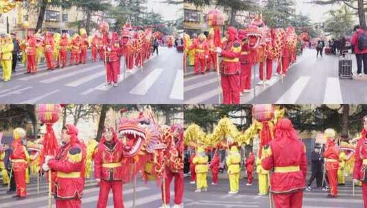 街头舞龙民俗表演队伍高清在线视频素材下载