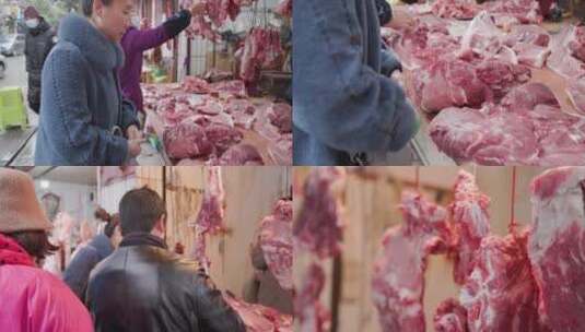 逛市场买卖猪肉摊位新鲜菜篮子  4k实拍高清在线视频素材下载
