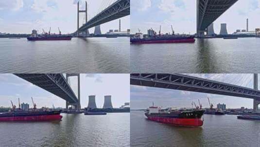 上海闵浦大桥交通枢纽跨江货轮高清在线视频素材下载