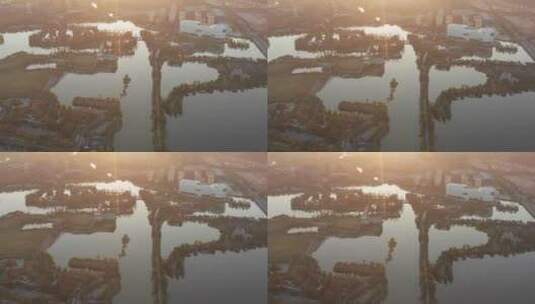 航拍日落中的浙江杭州滨江白马湖高清在线视频素材下载