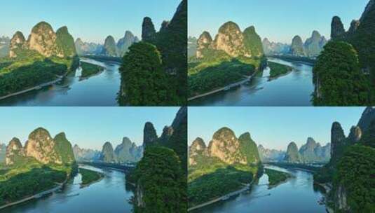 广西桂林漓江喀斯特山脉清晨航拍高清在线视频素材下载