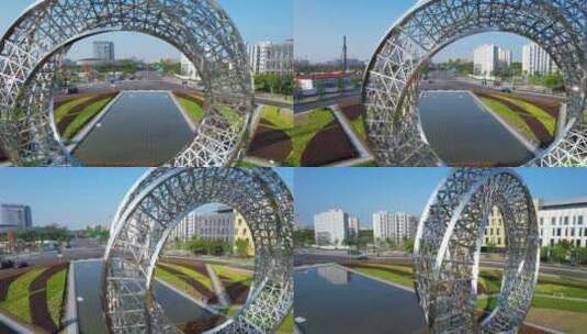 航拍上海临港新城海港大道雕塑高清在线视频素材下载