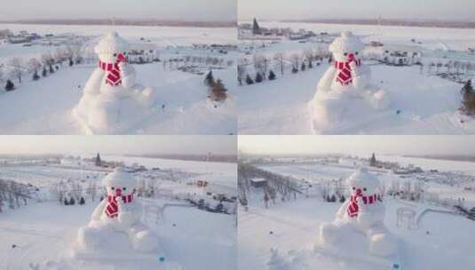 哈尔滨外滩雪人码头网红大雪人高清在线视频素材下载