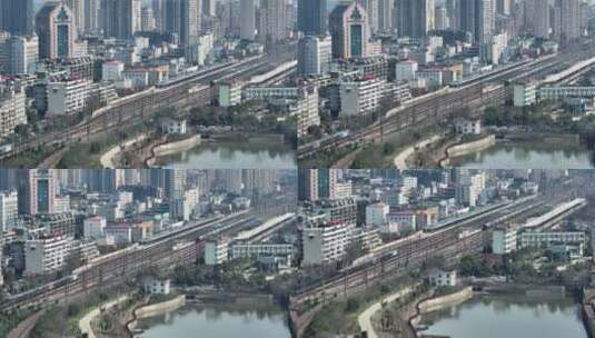 航拍江西鹰潭城市风光火车站俯瞰高清在线视频素材下载