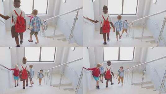 不同男孩在学校楼梯上行走的视频高清在线视频素材下载