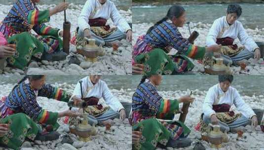 藏族妇女打酥油茶高清在线视频素材下载