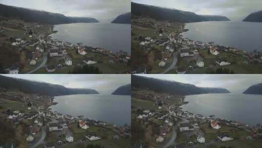 位于挪威峡湾岸边的乌特维克村的航拍高清在线视频素材下载