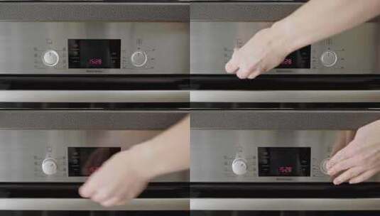 厨师或家庭主妇启动烤箱并将温度设置为180摄氏度高清在线视频素材下载