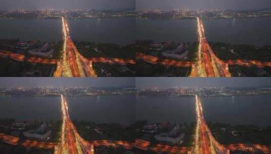 航拍杭州彩虹快速路之江大桥夜景高清在线视频素材下载