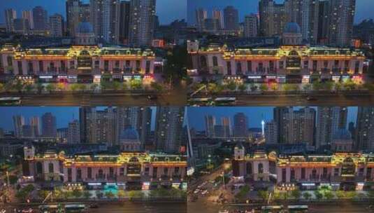 航拍夜晚徐州泉山区欧洲商城欧式建筑淮海路高清在线视频素材下载