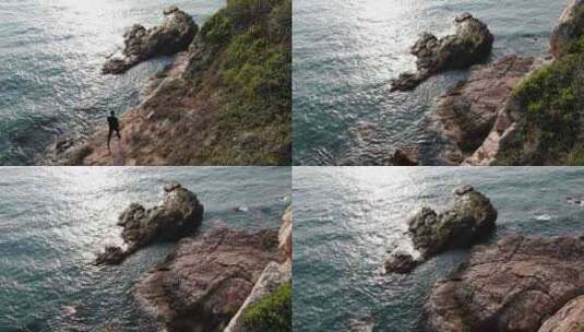 鹿嘴山庄无人机航拍海岸线礁石海边悬崖峭壁高清在线视频素材下载