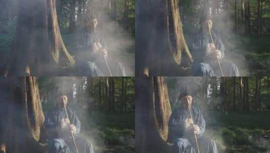 唐朝古代古人在森林里吹洞箫高清在线视频素材下载