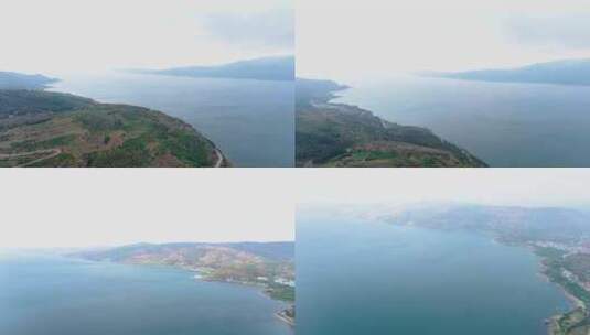 云南抚仙湖沿岸直飞航拍4K高清在线视频素材下载