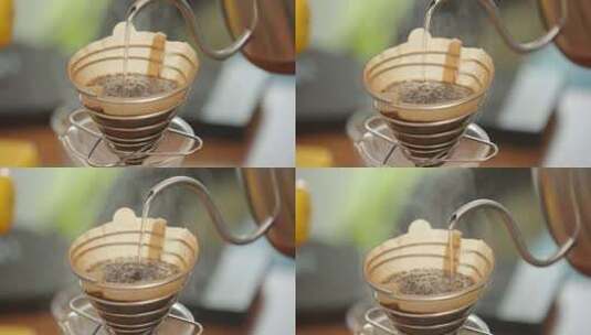 用咖啡壶手冲咖啡滤纸倒热水特写高清在线视频素材下载