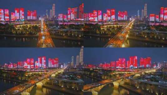 4k长沙湘江橘子洲夜景航拍高清在线视频素材下载