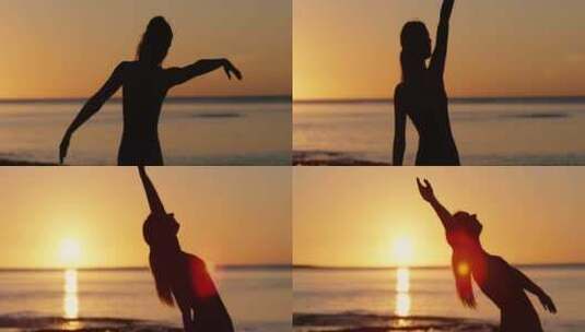 海边女人跳舞剪影高清在线视频素材下载
