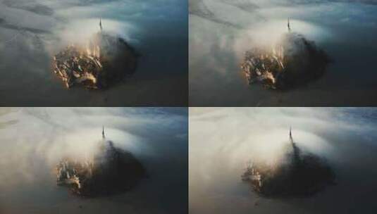 无人机在惊人的圣米歇尔山城堡堡垒周围高飞高清在线视频素材下载