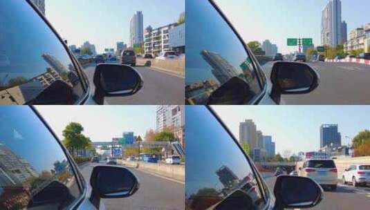 城市汽车开车第一视角后视镜风景视频素材高清在线视频素材下载