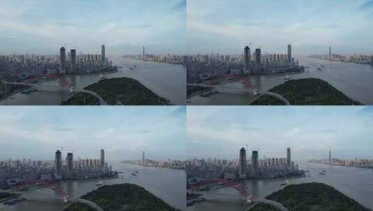 航拍武汉城市地标长江与汉江交汇处南岸嘴高清在线视频素材下载