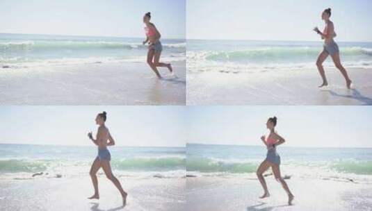 年轻的高加索女人沿着海岸线慢跑，有复印空高清在线视频素材下载
