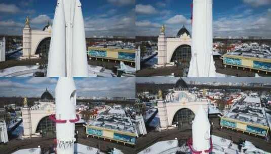 冬天城市广场上的火箭。创意。太空飞行纪念高清在线视频素材下载