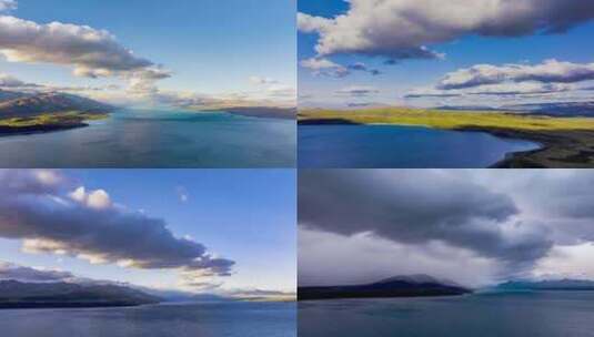 延时航拍新西兰普卡基湖蓝天白云到乌云压顶高清在线视频素材下载