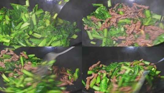 中餐家常菜烹饪炒青菜肉丝锅热气美食高清在线视频素材下载