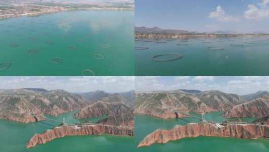 4K航拍刘家峡水库渔业养殖高清在线视频素材下载