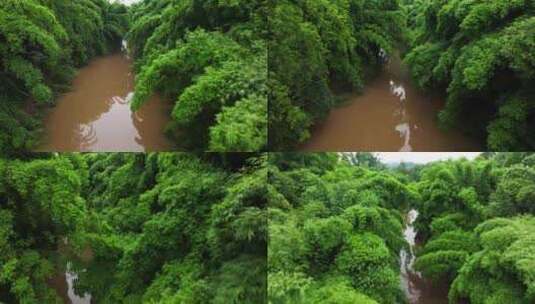 航拍夏季雨后山涧溪流清新自然竹林小河风景高清在线视频素材下载