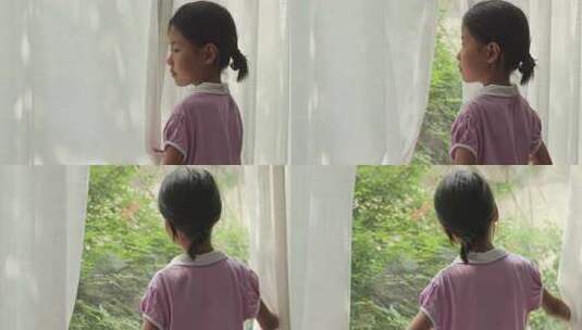 女孩拉开窗帘眺望远方高清在线视频素材下载