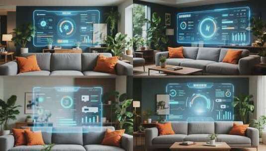 客厅内科技感虚拟屏幕画面高清在线视频素材下载