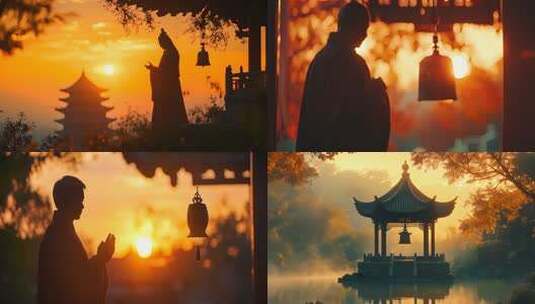 和尚于寺庙内的背影画面高清在线视频素材下载