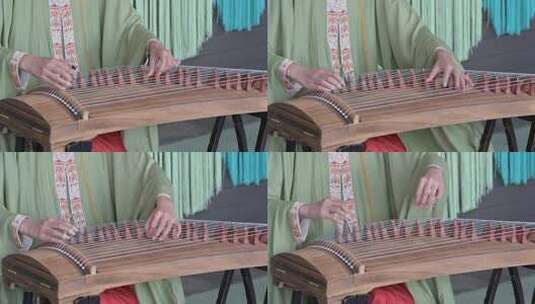 身穿中国传统汉服的女子弹奏古筝唯美画面高清在线视频素材下载