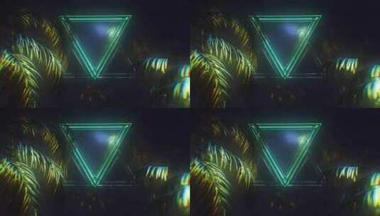 霓虹灯发光三角形被棕榈树环包围高清在线视频素材下载
