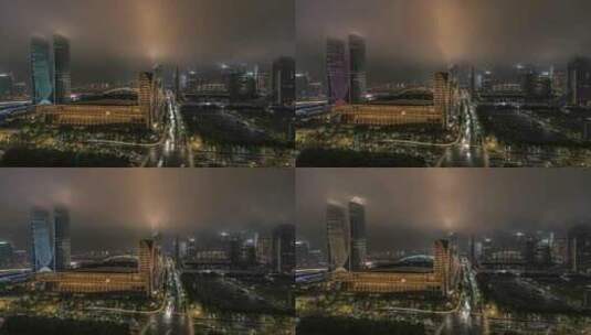 杭州奥体中心 杭州之门 云海 夜景 延时高清在线视频素材下载