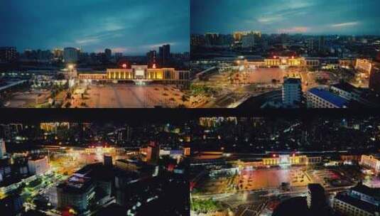河南许昌火车站夜景航拍高清在线视频素材下载