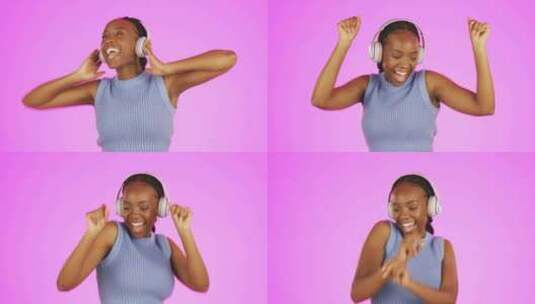 黑人妇女，跳舞和耳机听音乐庆祝胜利高清在线视频素材下载