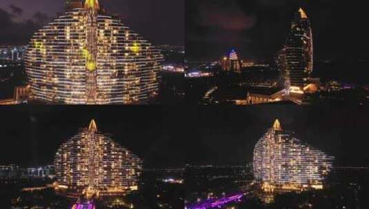 海南三亚海棠湾红树林酒店夜景航拍高清在线视频素材下载